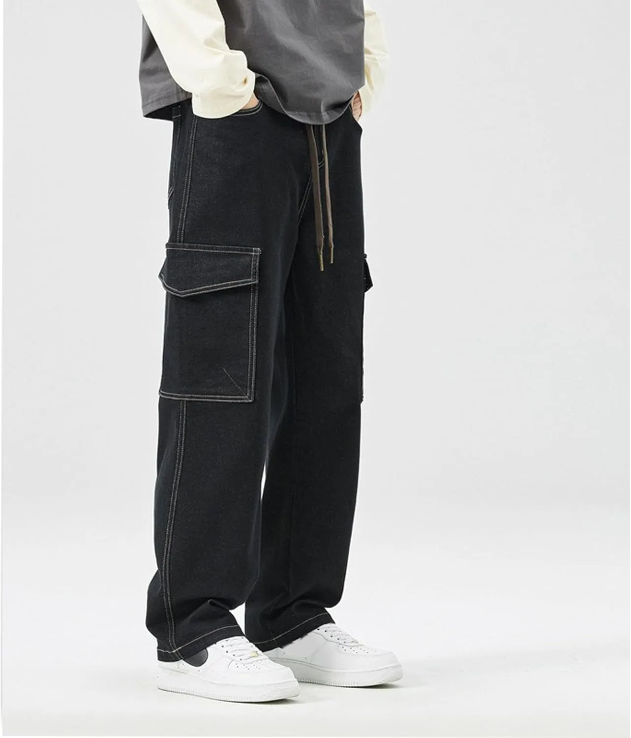 Men's Japanese Street Vintage Jeans Baggy Drawstring Cargo Pants Elastic Waist Pants Pants for Men Fashion