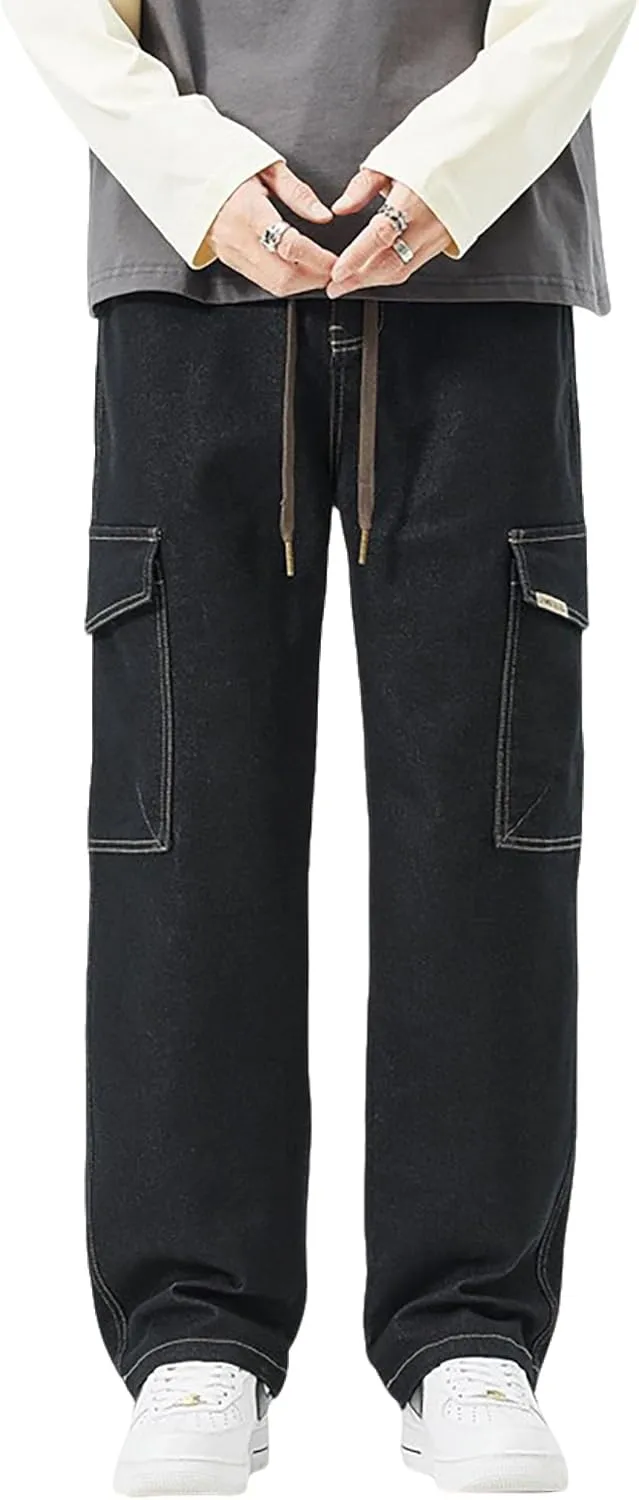 Men's Japanese Street Vintage Jeans Baggy Drawstring Cargo Pants Elastic Waist Pants Pants for Men Fashion