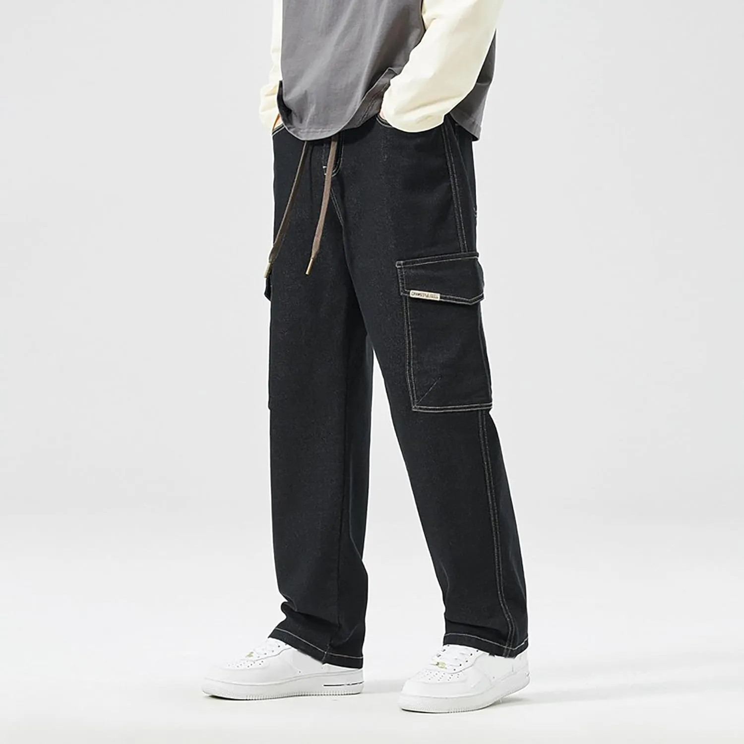 Men's Japanese Street Vintage Jeans Baggy Drawstring Cargo Pants Elastic Waist Pants Pants for Men Fashion
