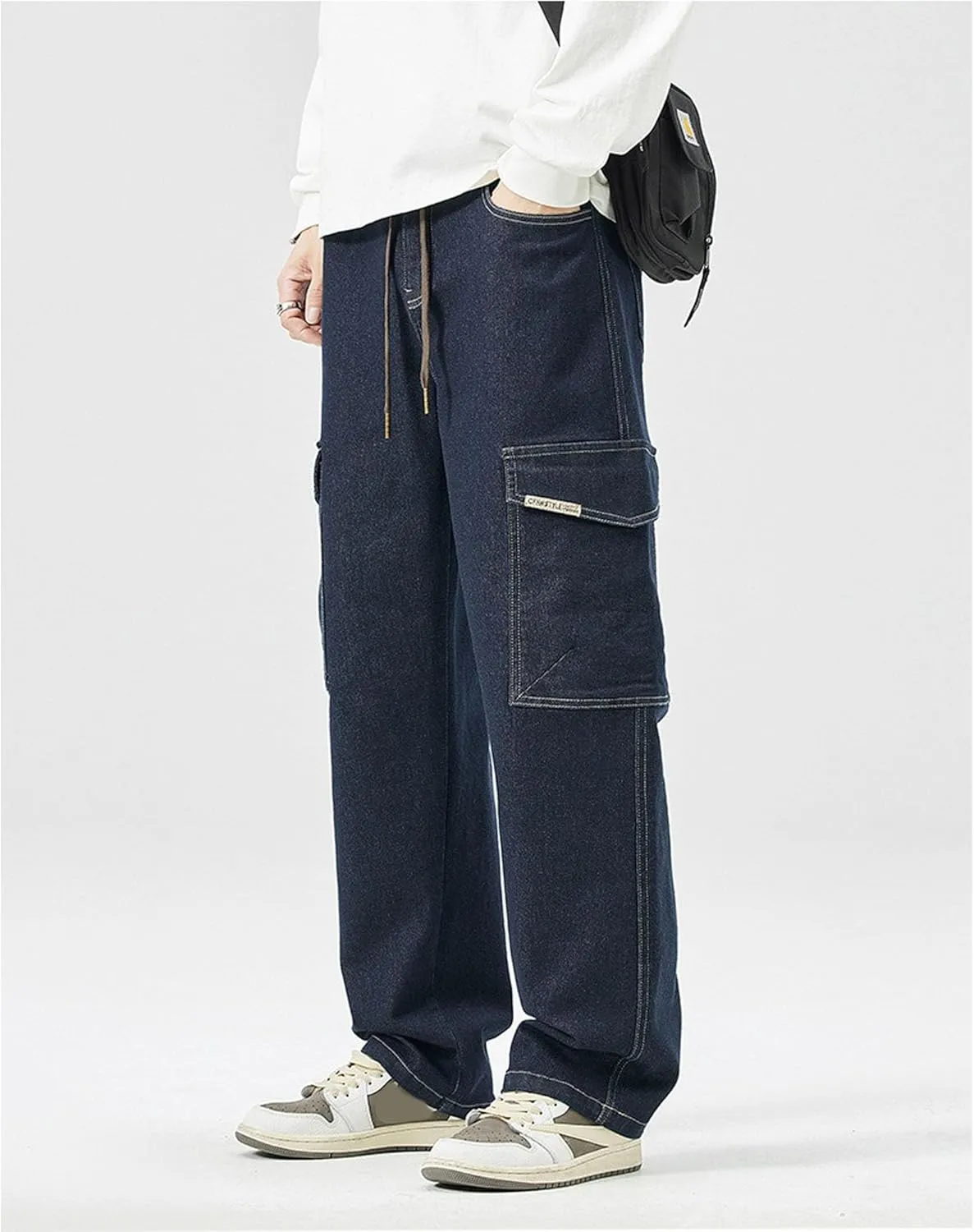 Men's Japanese Street Vintage Jeans Baggy Drawstring Cargo Pants Elastic Waist Pants Pants for Men Fashion
