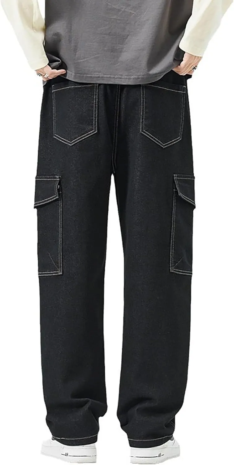 Men's Japanese Street Vintage Jeans Baggy Drawstring Cargo Pants Elastic Waist Pants Pants for Men Fashion