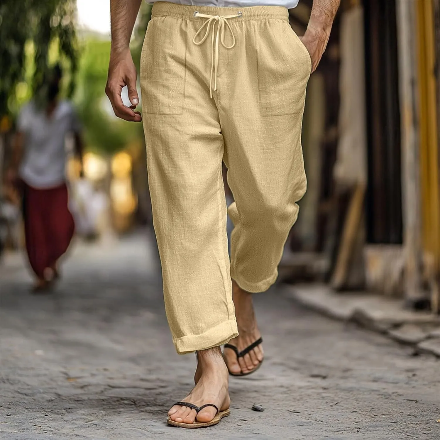 Men's Linen Pants Trendy Summer Elastic Waist Straight Leg Plain Pant Breathable Long Length Dailywear Beach Trousers