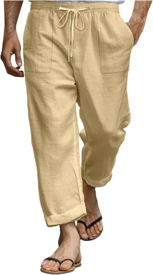 Men's Linen Pants Trendy Summer Elastic Waist Straight Leg Plain Pant Breathable Long Length Dailywear Beach Trousers