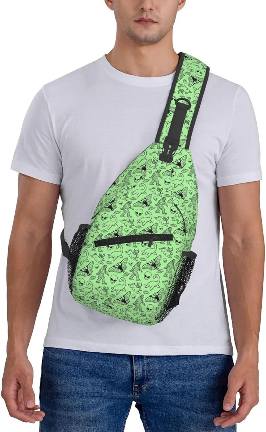 Mens Sling Bag Shoulder Backpacks for Aliens Savage Dinosaur Green Chest Bags, Anti Theft Crossbody Bag Multi Purpose Daypacks for Hiking Sports
