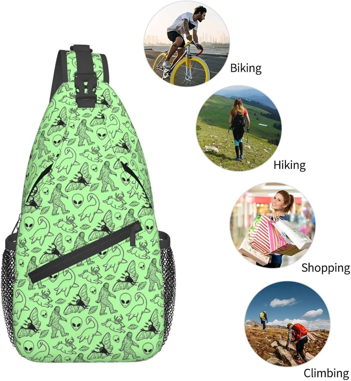 Mens Sling Bag Shoulder Backpacks for Aliens Savage Dinosaur Green Chest Bags, Anti Theft Crossbody Bag Multi Purpose Daypacks for Hiking Sports