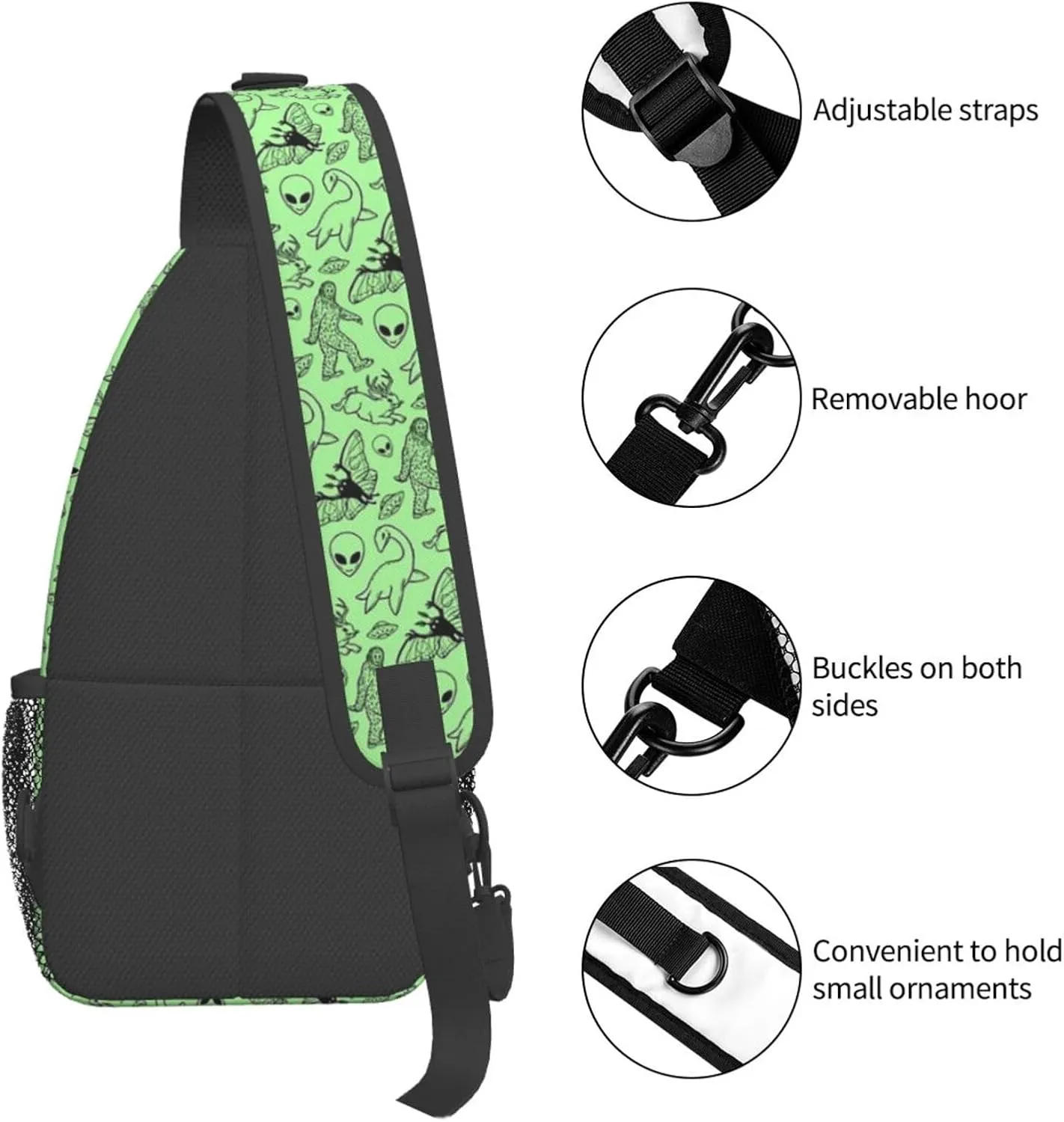 Mens Sling Bag Shoulder Backpacks for Aliens Savage Dinosaur Green Chest Bags, Anti Theft Crossbody Bag Multi Purpose Daypacks for Hiking Sports