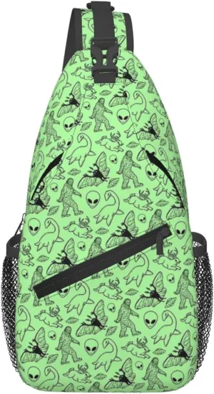Mens Sling Bag Shoulder Backpacks for Aliens Savage Dinosaur Green Chest Bags, Anti Theft Crossbody Bag Multi Purpose Daypacks for Hiking Sports