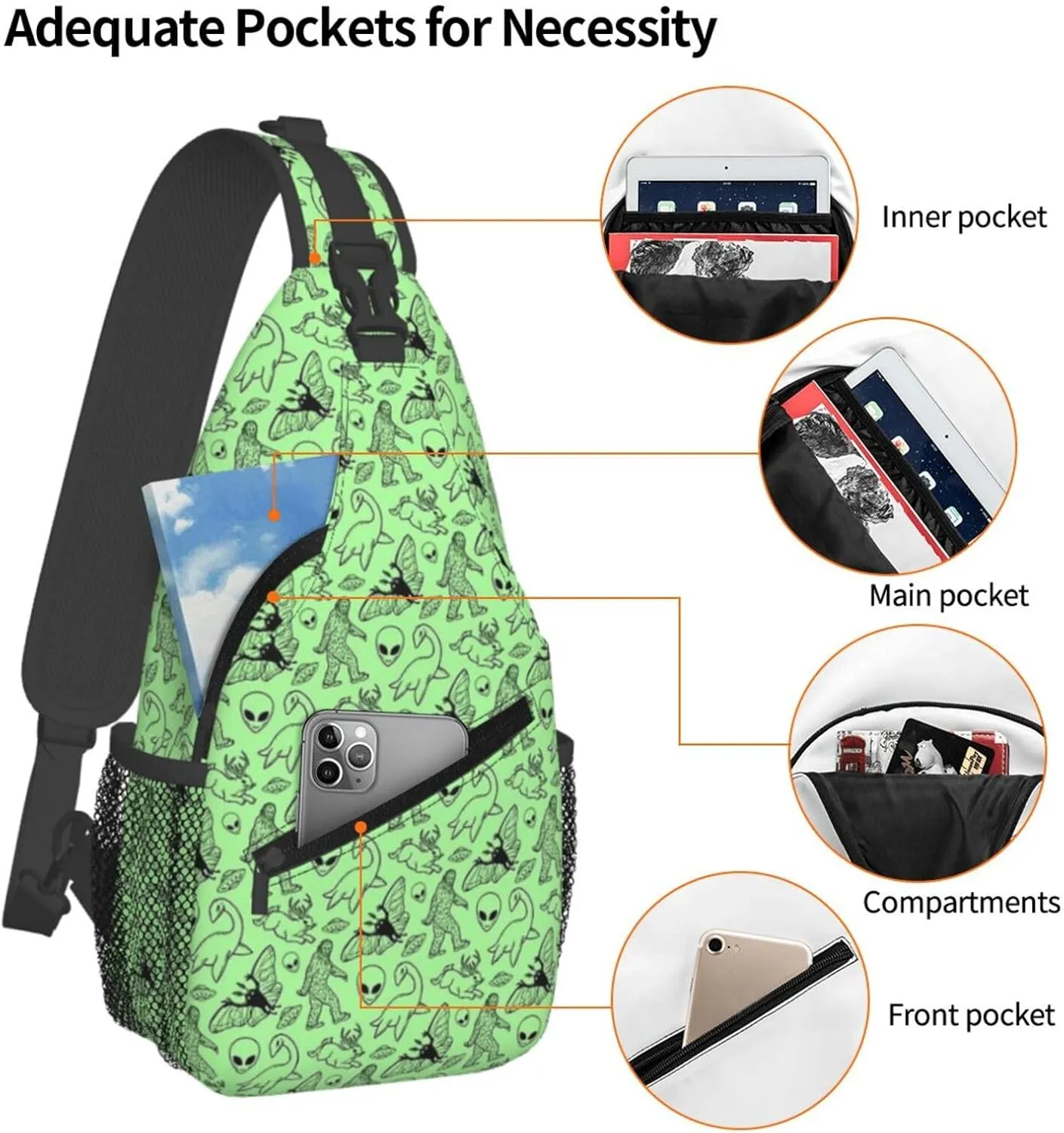 Mens Sling Bag Shoulder Backpacks for Aliens Savage Dinosaur Green Chest Bags, Anti Theft Crossbody Bag Multi Purpose Daypacks for Hiking Sports