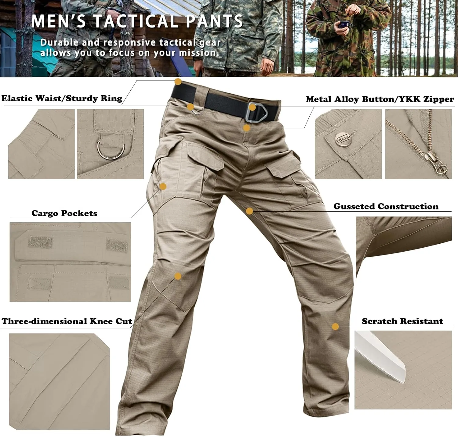 Men's Stretch Tactical Pants Water Resistant Ripstop Cargo Pants Outdoor Lightweight EDC Work Hiking Pants
