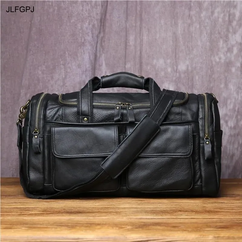 Men's Top Layer Cowhide Travel Handbag With Large Capacity Casual And Simple Genuine Leather Crossbody Luggage Bag(Brown)