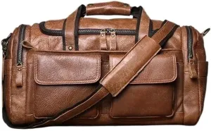 Men's Top Layer Cowhide Travel Handbag With Large Capacity Casual And Simple Genuine Leather Crossbody Luggage Bag(Brown)