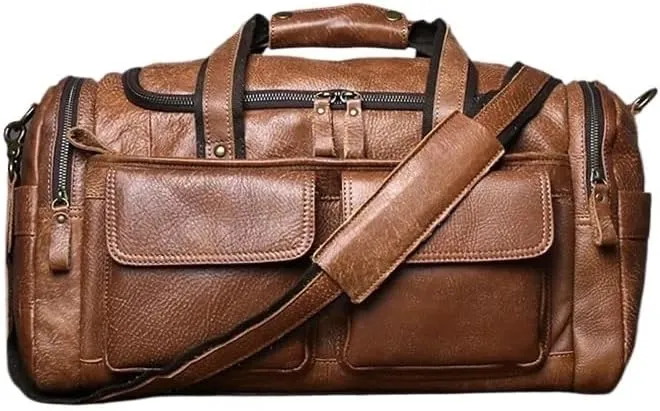 Men's Top Layer Cowhide Travel Handbag With Large Capacity Casual And Simple Genuine Leather Crossbody Luggage Bag(Brown)