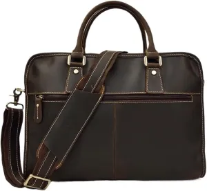 Mens Vintage Business Travel Vacation Laptop Messenger Bag Waterproof Leather Briefcase Slim Profile