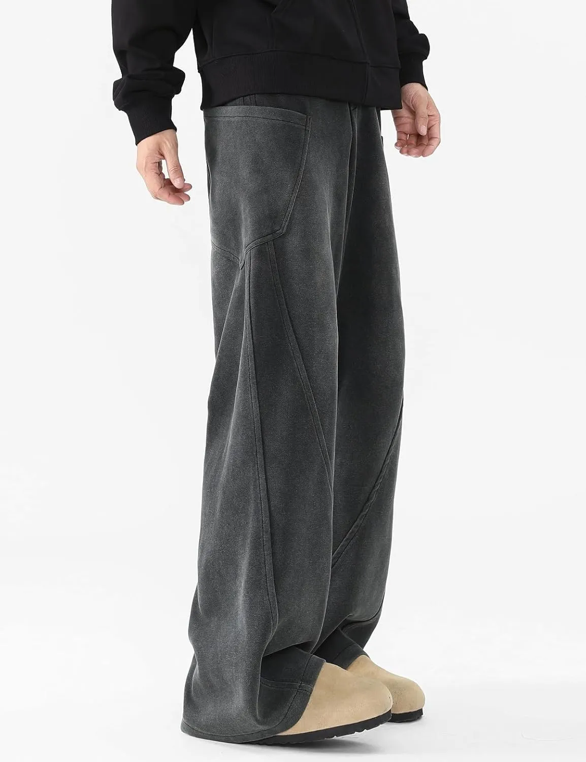 Men's Y2k Baggy Wide Leg Sweatpants Acid Wash Loose Drawstring Elastic Waist Track Pants with Pockets