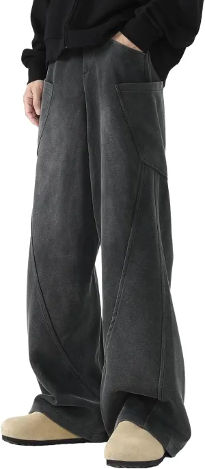 Men's Y2k Baggy Wide Leg Sweatpants Acid Wash Loose Drawstring Elastic Waist Track Pants with Pockets