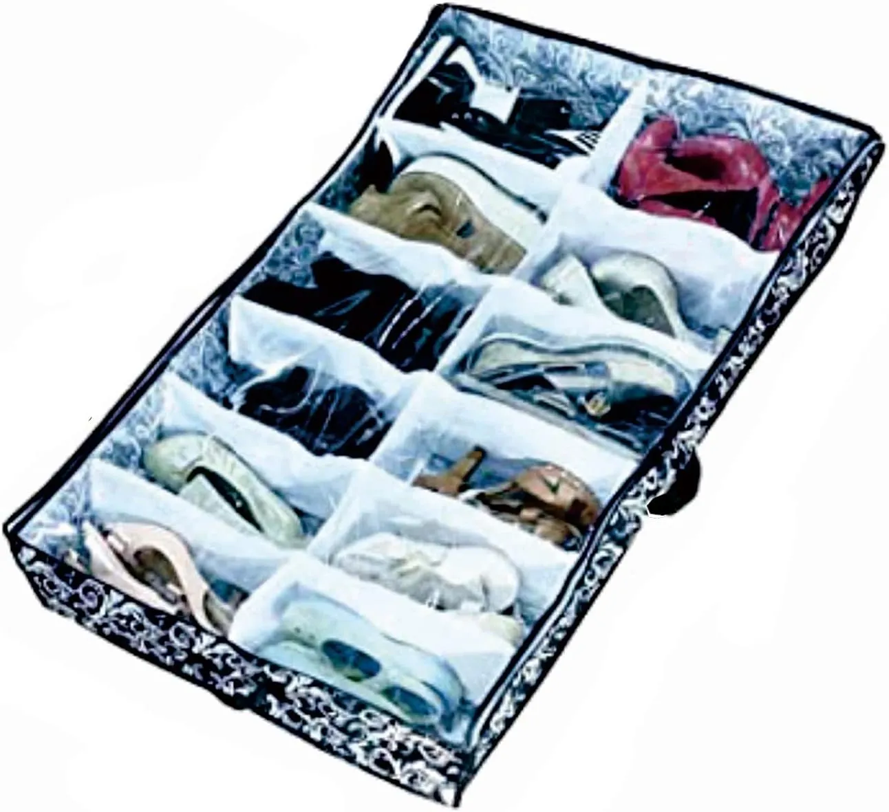 Men/Woman 12 Cells See Through Underbed shoes and boots Storage Bag Organizer with black and white flower (black)