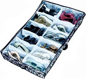 Men/Woman 12 Cells See Through Underbed shoes and boots Storage Bag Organizer with black and white flower (black)