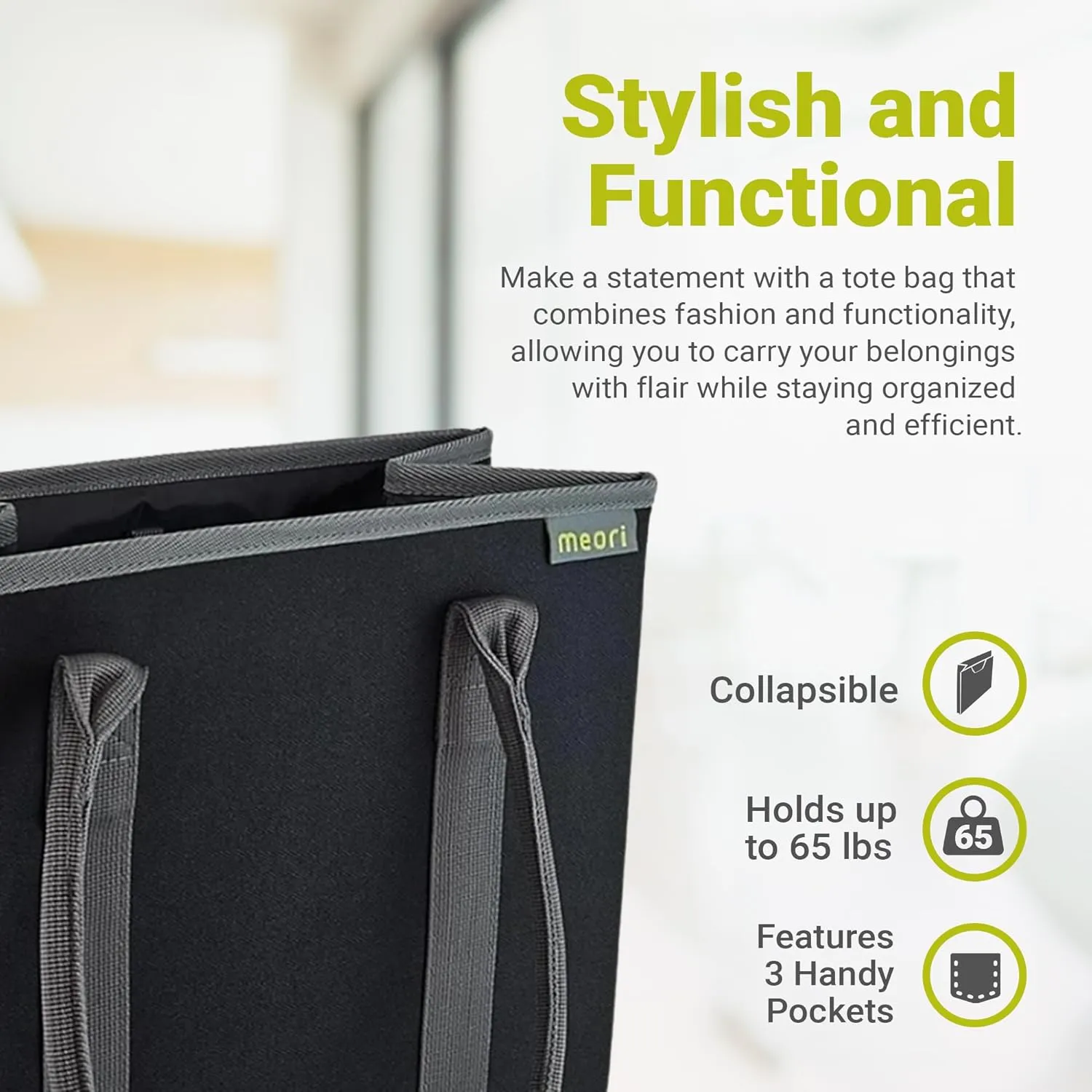 meori Office Tote Bag Carry Laptop Essentials Sturdy Bottom Stays Upright 3 Handy Pockets