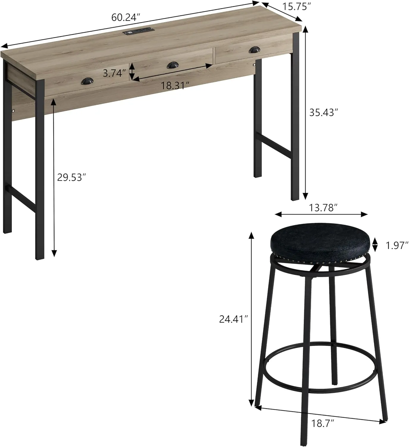 Merax Industrial Long Bar Table Set with Stools for 3, 4 Piece Kitchen Pub Table Set with Drawers and Charging Station, Brown Gray Black