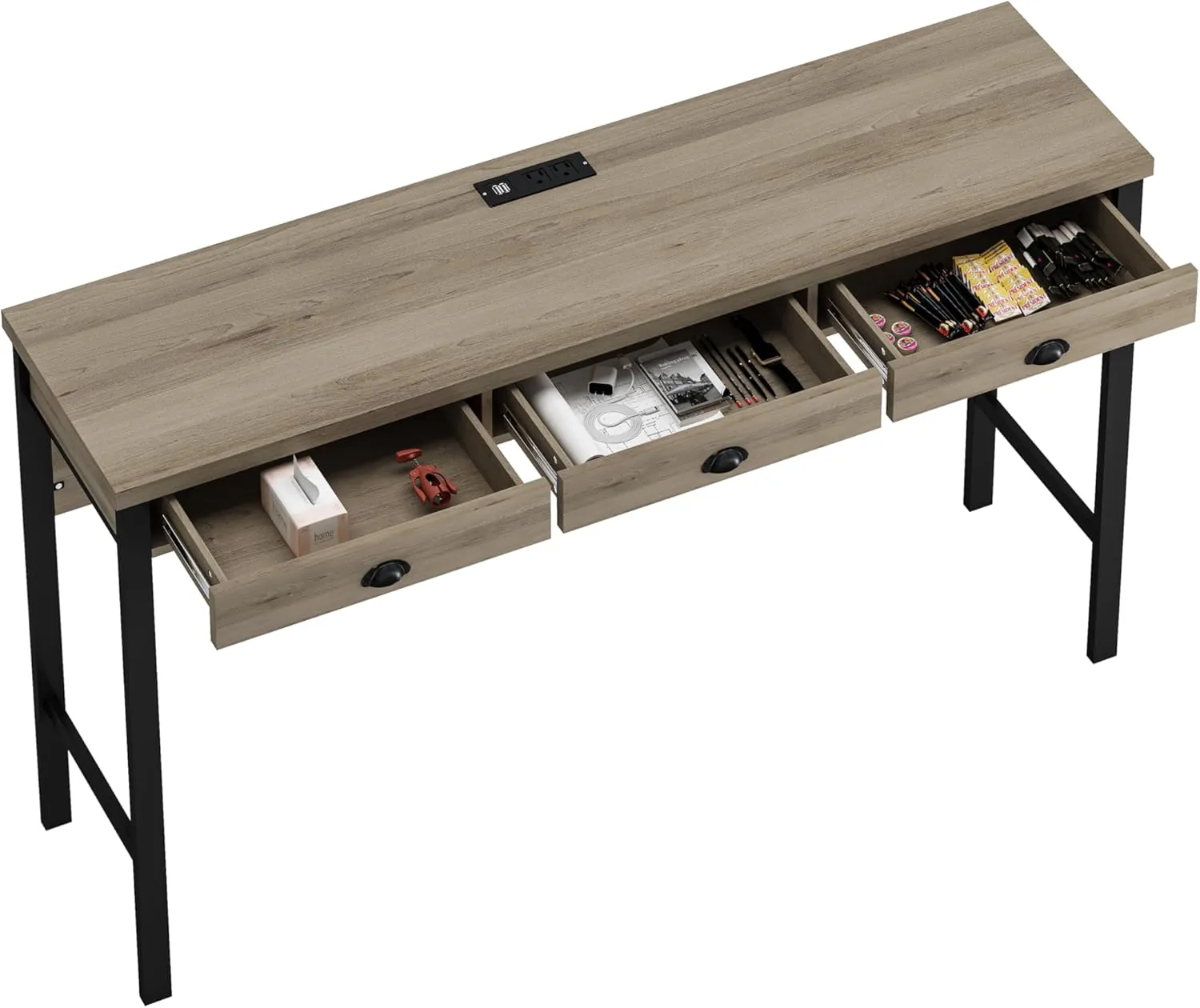 Merax Industrial Long Bar Table Set with Stools for 3, 4 Piece Kitchen Pub Table Set with Drawers and Charging Station, Brown Gray Black