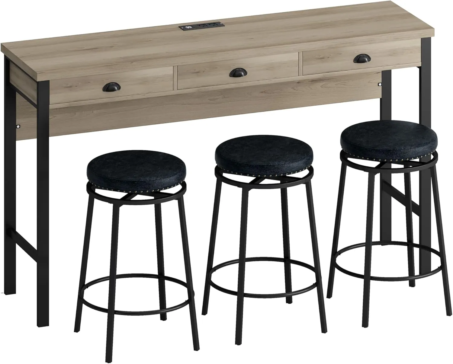 Merax Industrial Long Bar Table Set with Stools for 3, 4 Piece Kitchen Pub Table Set with Drawers and Charging Station, Brown Gray Black