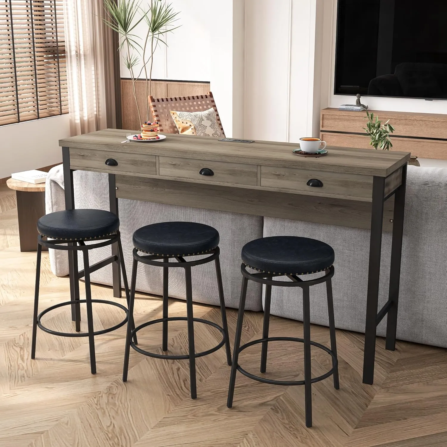 Merax Industrial Long Bar Table Set with Stools for 3, 4 Piece Kitchen Pub Table Set with Drawers and Charging Station, Brown Gray Black