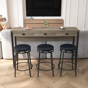 Merax Industrial Long Bar Table Set with Stools for 3, 4 Piece Kitchen Pub Table Set with Drawers and Charging Station, Brown Gray Black