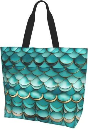 Mermaid Teal Fish Scale print Single shoulder shopping bag, reusable handbag,Fit for work and shopping