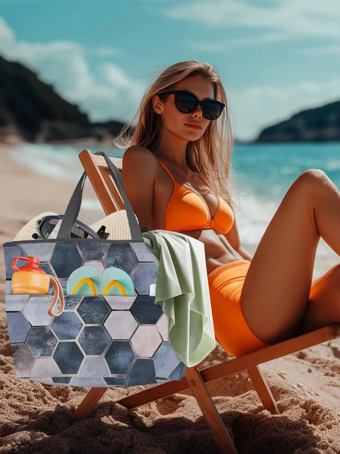 Mesh Beach Bag Oversized Tote Bags for Women Blue Lattice Hexagon Color Block Large Travel Pool Bags with 8 Pockets