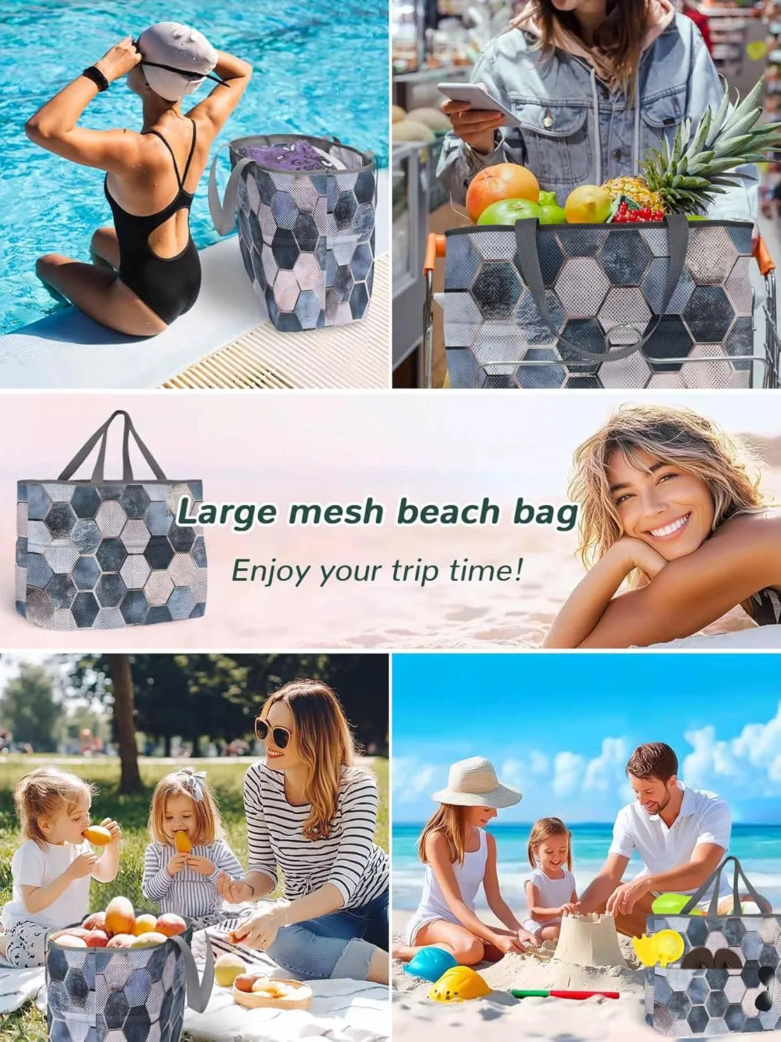 Mesh Beach Bag Oversized Tote Bags for Women Blue Lattice Hexagon Color Block Large Travel Pool Bags with 8 Pockets