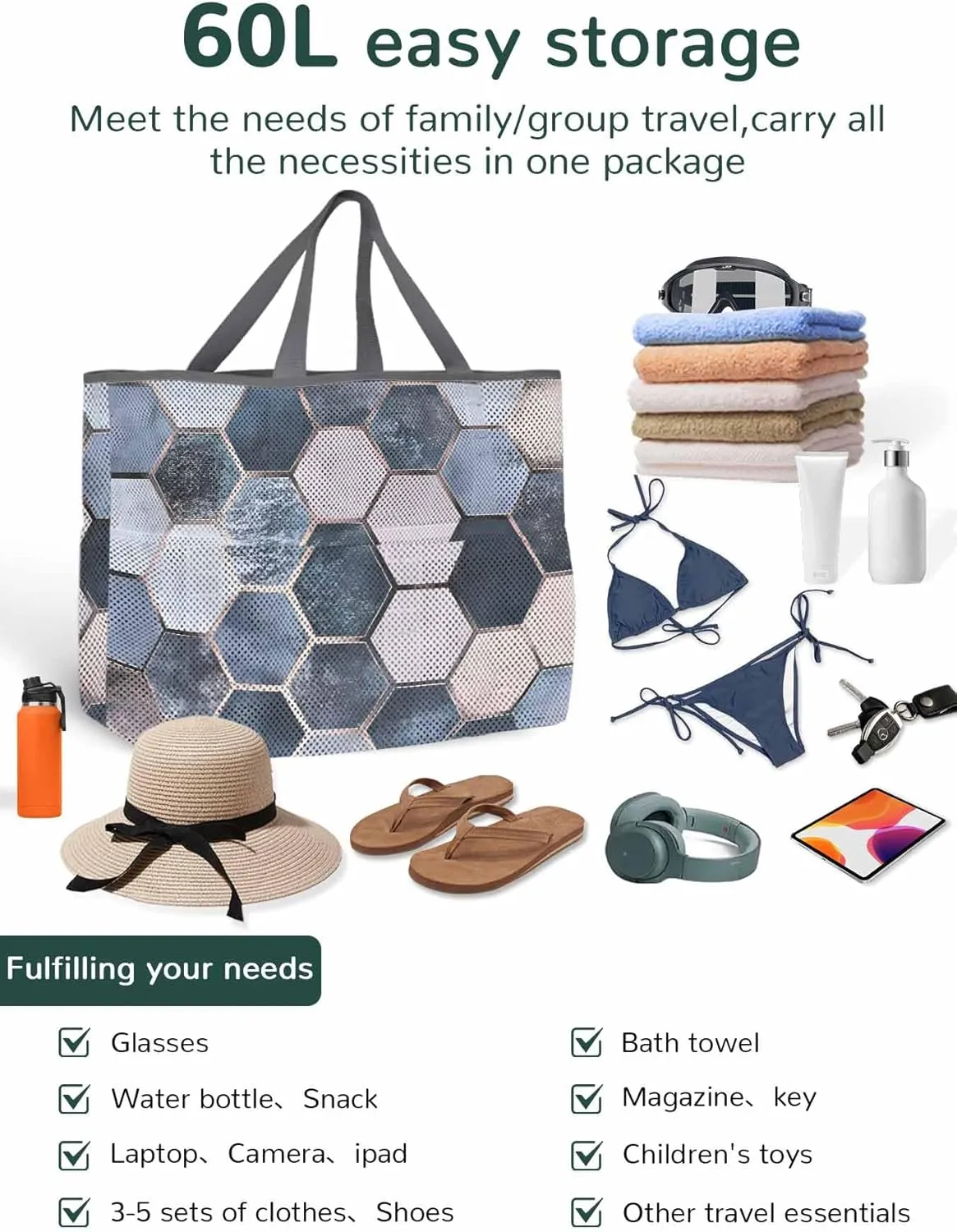 Mesh Beach Bag Oversized Tote Bags for Women Blue Lattice Hexagon Color Block Large Travel Pool Bags with 8 Pockets