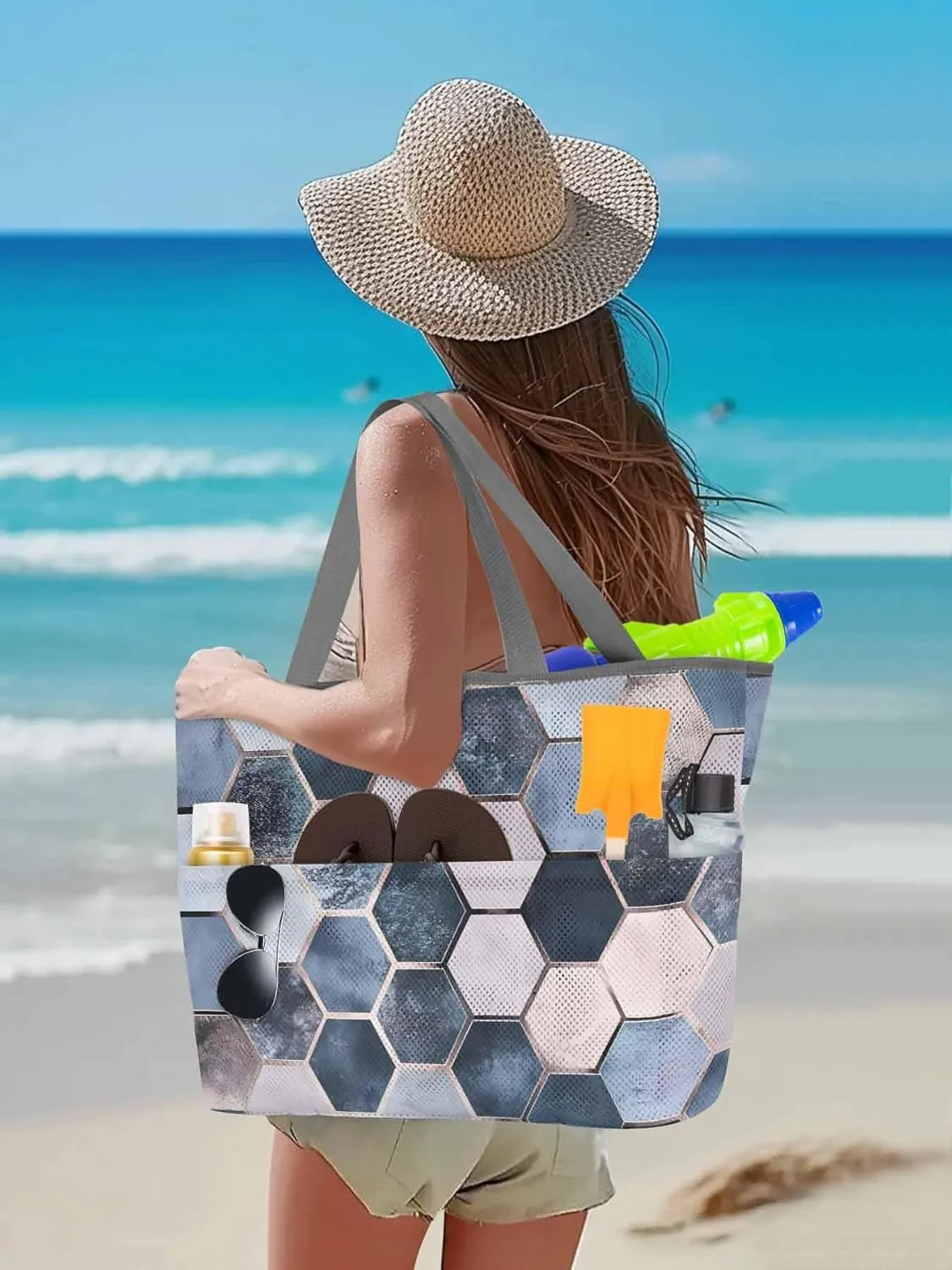 Mesh Beach Bag Oversized Tote Bags for Women Blue Lattice Hexagon Color Block Large Travel Pool Bags with 8 Pockets