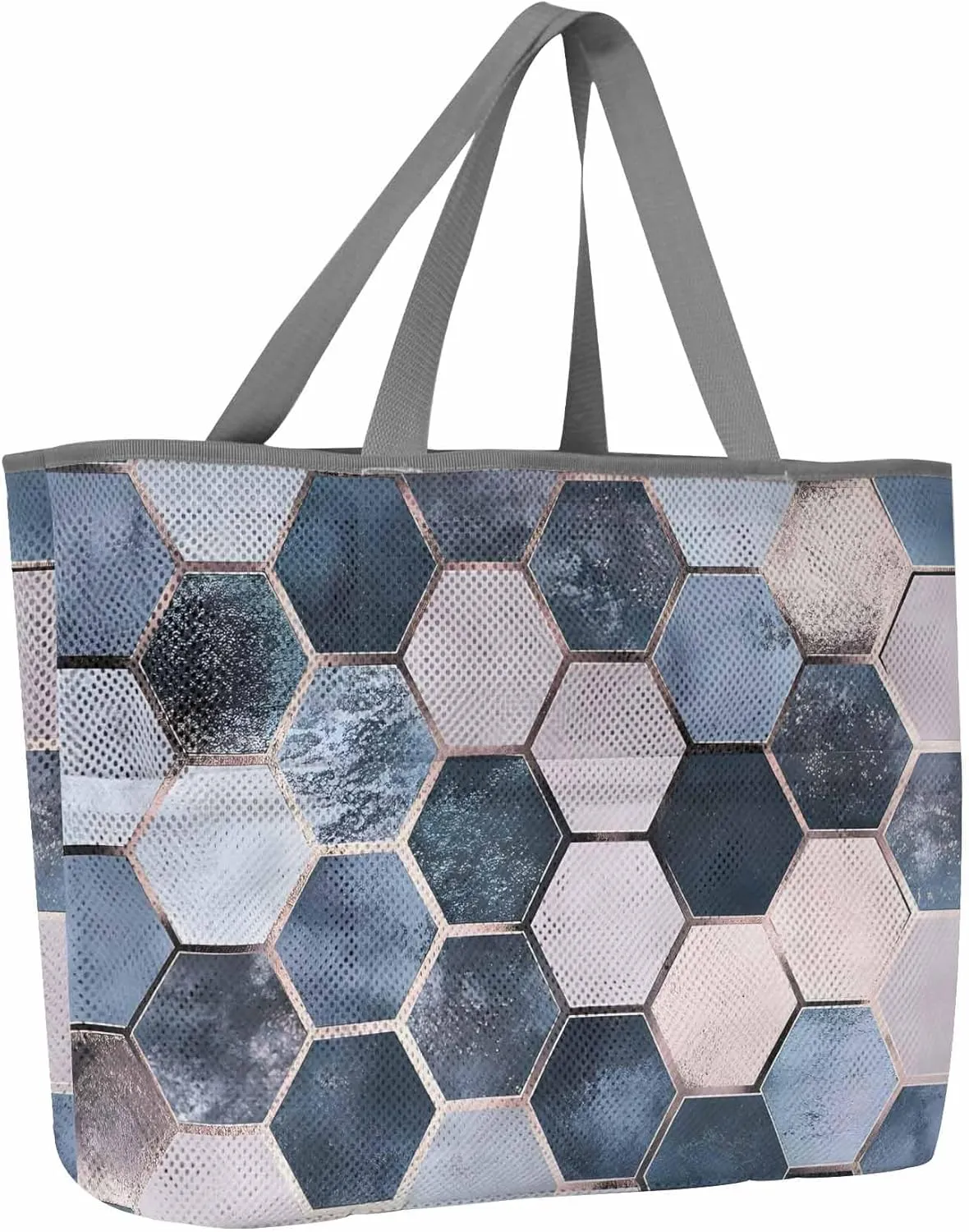 Mesh Beach Bag Oversized Tote Bags for Women Blue Lattice Hexagon Color Block Large Travel Pool Bags with 8 Pockets
