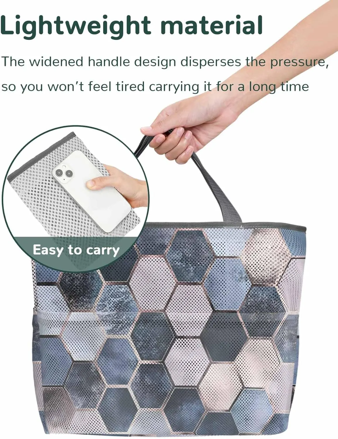 Mesh Beach Bag Oversized Tote Bags for Women Blue Lattice Hexagon Color Block Large Travel Pool Bags with 8 Pockets