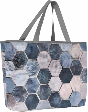 Mesh Beach Bag Oversized Tote Bags for Women Blue Lattice Hexagon Color Block Large Travel Pool Bags with 8 Pockets