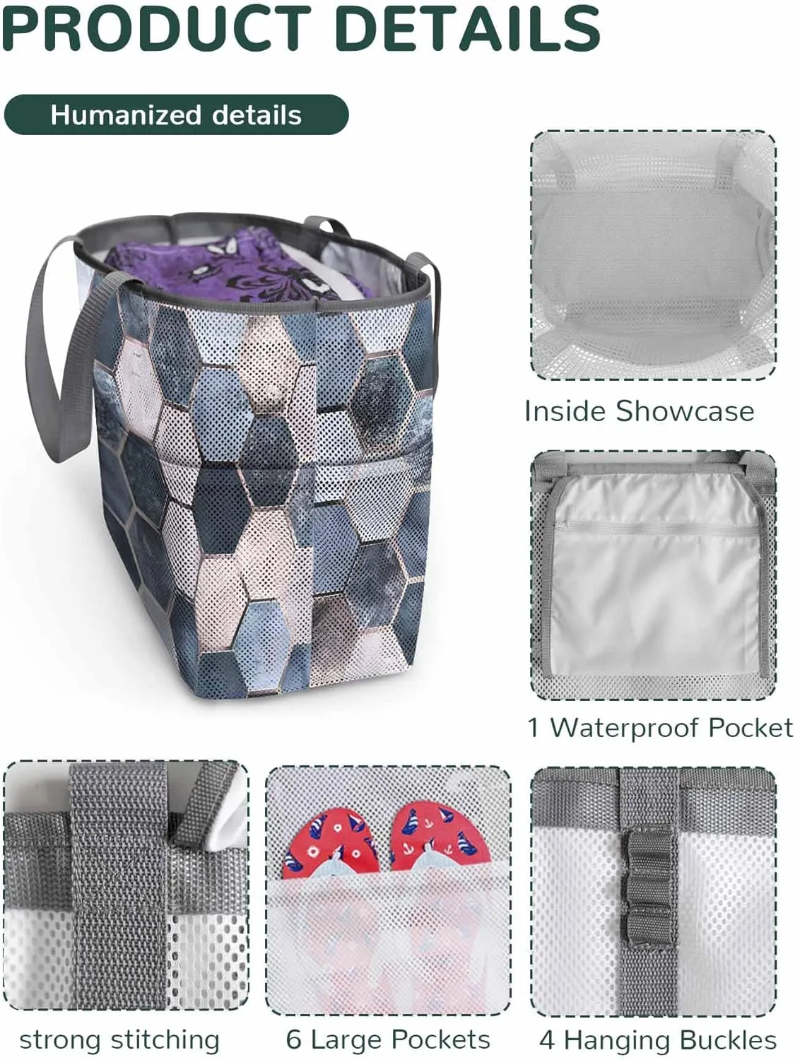 Mesh Beach Bag Oversized Tote Bags for Women Blue Lattice Hexagon Color Block Large Travel Pool Bags with 8 Pockets