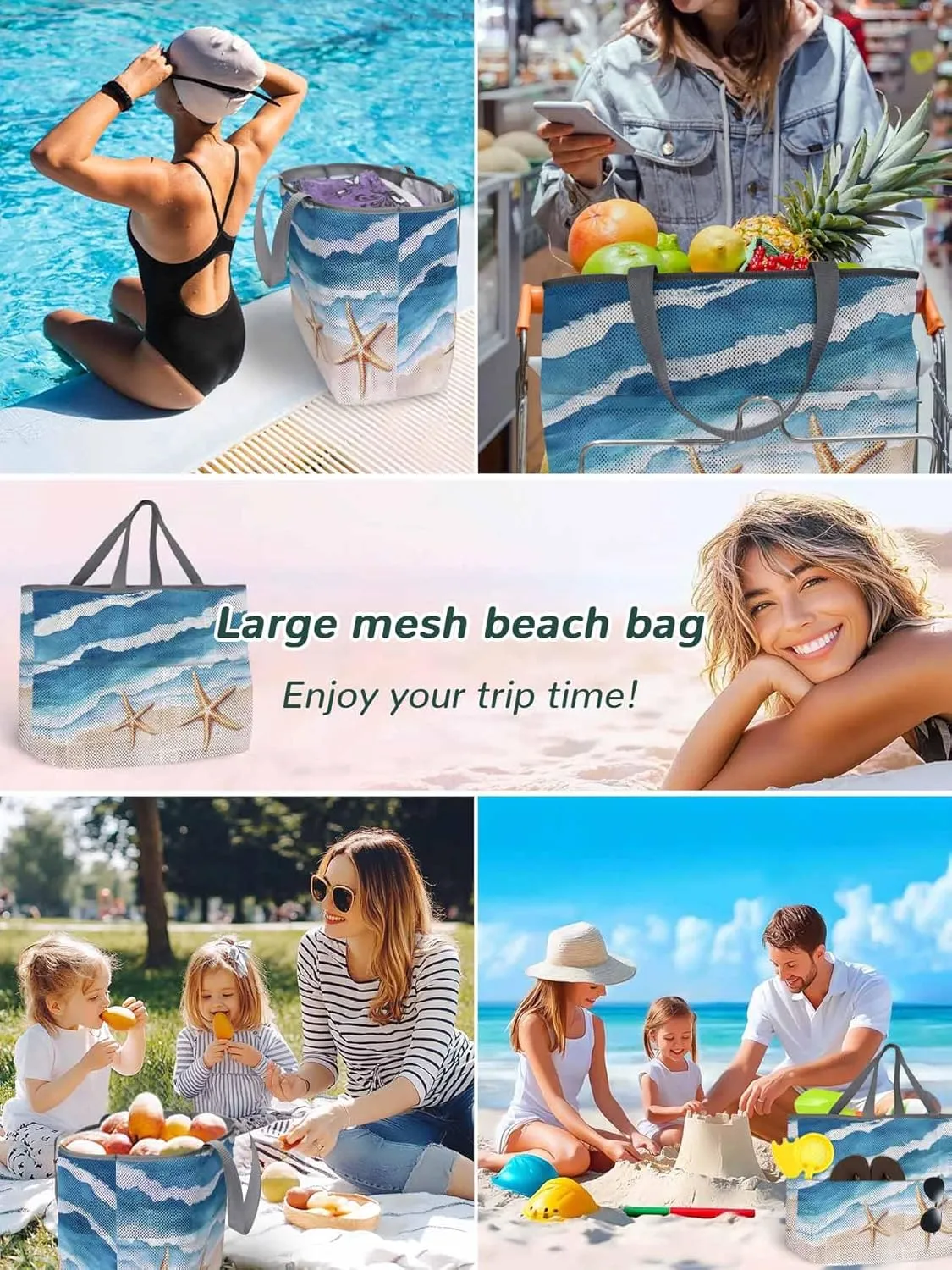 Mesh Beach Bag Oversized Tote Bags for Women Summer Beach Ocean Starfish Large Travel Pool Bags with 8 Pockets