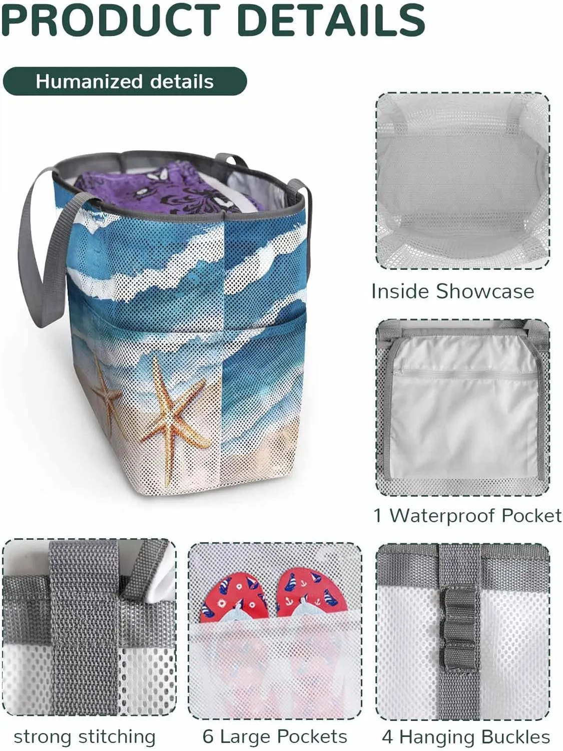 Mesh Beach Bag Oversized Tote Bags for Women Summer Beach Ocean Starfish Large Travel Pool Bags with 8 Pockets