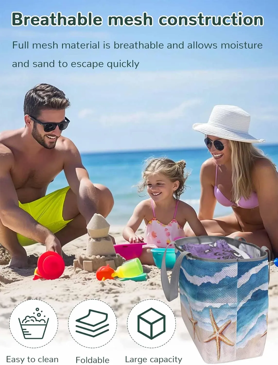 Mesh Beach Bag Oversized Tote Bags for Women Summer Beach Ocean Starfish Large Travel Pool Bags with 8 Pockets