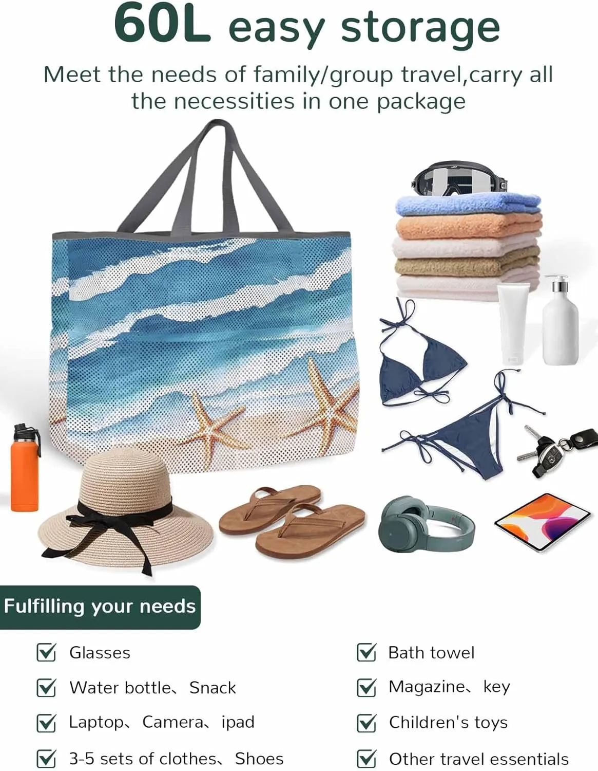 Mesh Beach Bag Oversized Tote Bags for Women Summer Beach Ocean Starfish Large Travel Pool Bags with 8 Pockets