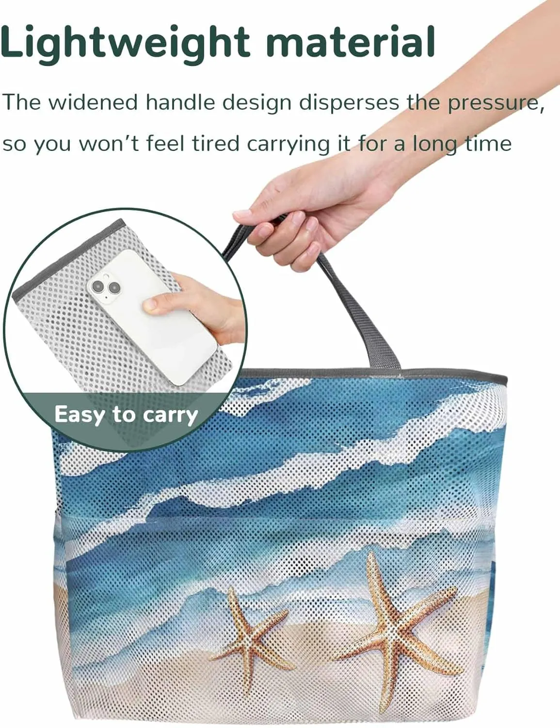 Mesh Beach Bag Oversized Tote Bags for Women Summer Beach Ocean Starfish Large Travel Pool Bags with 8 Pockets