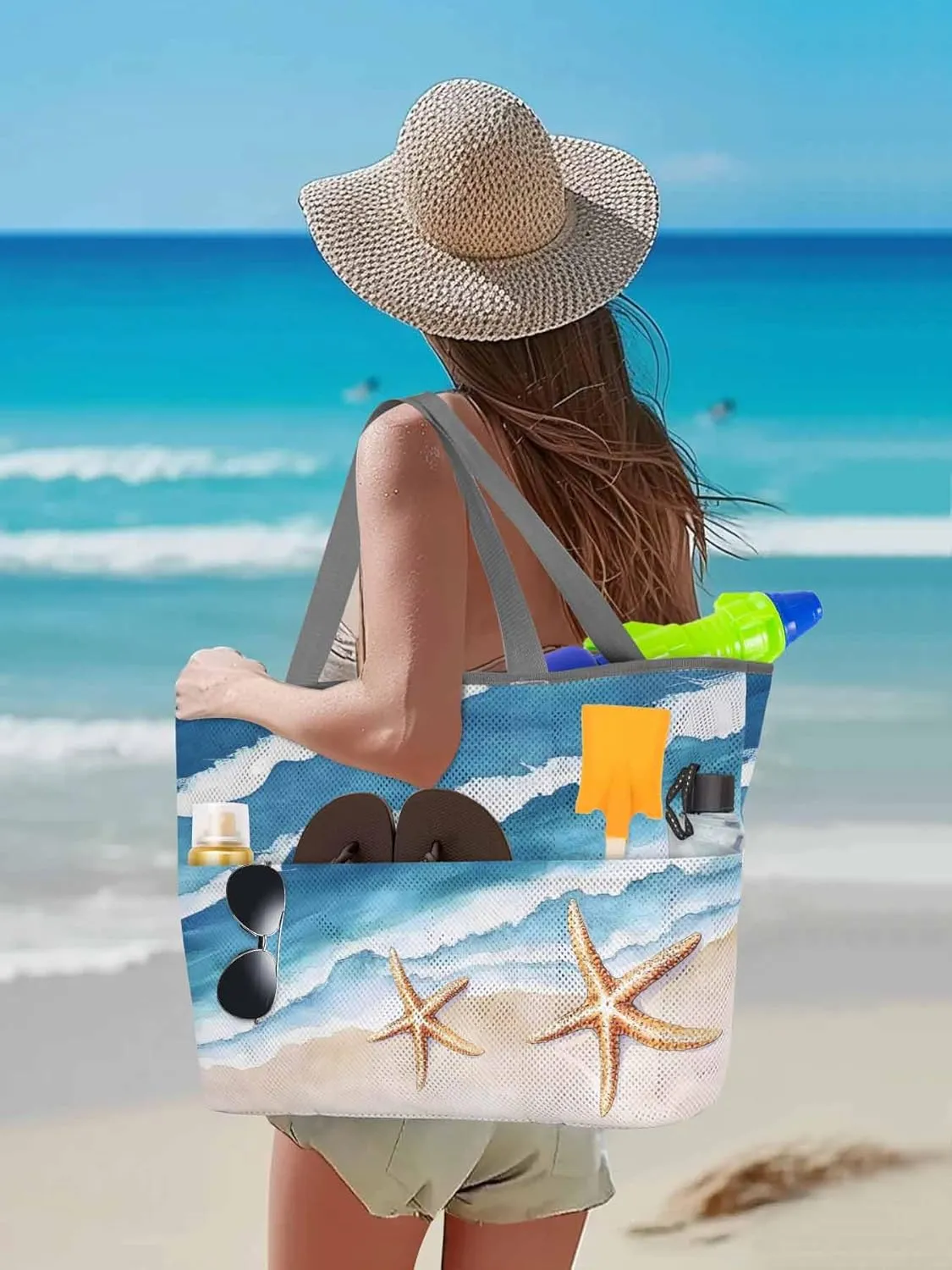 Mesh Beach Bag Oversized Tote Bags for Women Summer Beach Ocean Starfish Large Travel Pool Bags with 8 Pockets