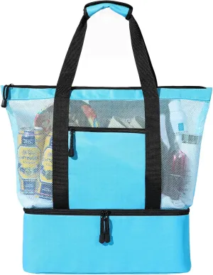 Mesh Beach Tote - Large Cooler Bags for Women, Waterproof Sandproof Swim Pool Travel Daily Tote, Blue