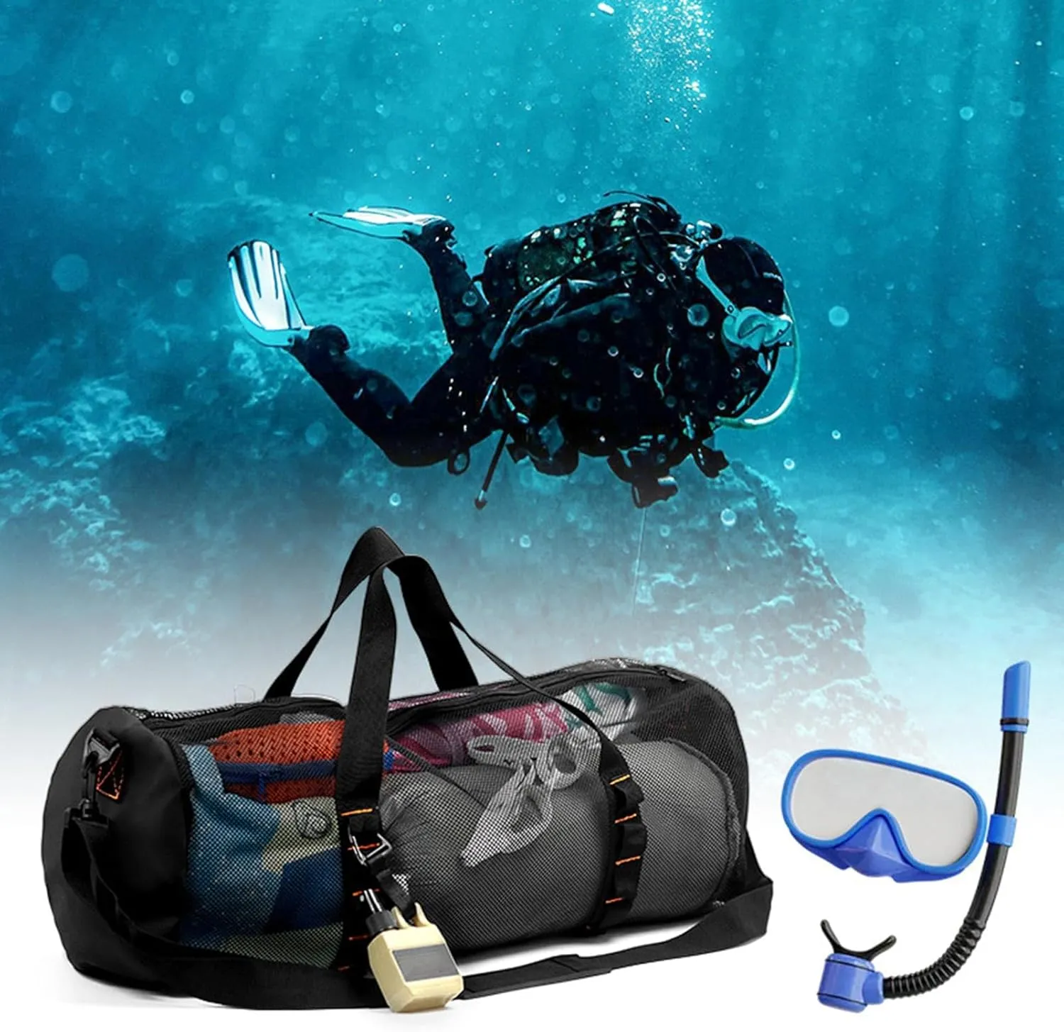 Mesh Dive Bag - Extra Large Beach and with Zipper | Diving Snorkel Gear Bags | Mesh Beach Bag | Scuba Gear Bag | Bag for Diving, Snorkeling, Swimming, Beach and Sports Equipment