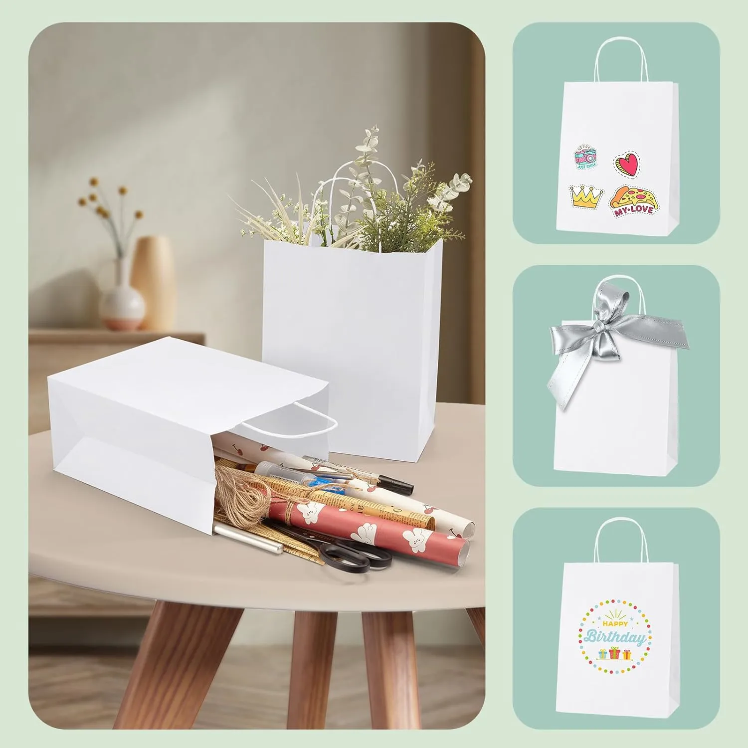 MESHA White Paper Gift Bags 50Pcs 8x4.25x10.5'' Medium Size Kraft Shopping Bags Bulk with Handles Reusable for Small Business,Grocery,Birthday, Wedding,Kids Party,Favors