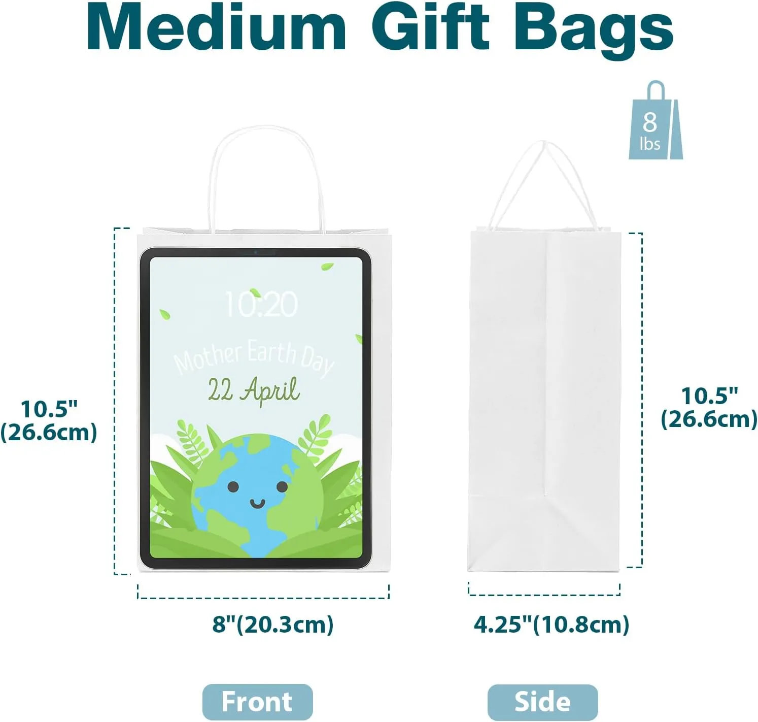 MESHA White Paper Gift Bags 50Pcs 8x4.25x10.5'' Medium Size Kraft Shopping Bags Bulk with Handles Reusable for Small Business,Grocery,Birthday, Wedding,Kids Party,Favors