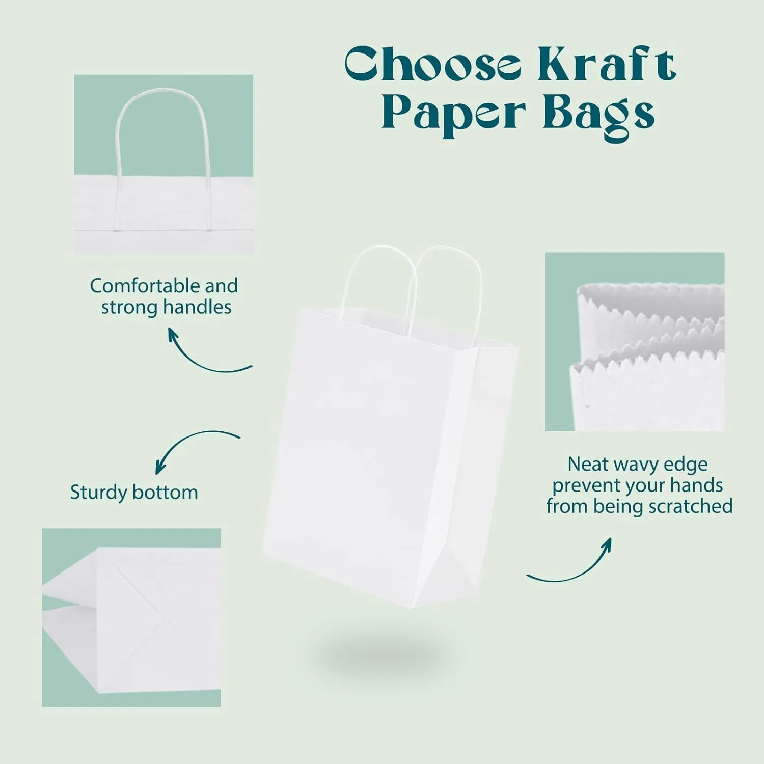MESHA White Paper Gift Bags 50Pcs 8x4.25x10.5'' Medium Size Kraft Shopping Bags Bulk with Handles Reusable for Small Business,Grocery,Birthday, Wedding,Kids Party,Favors