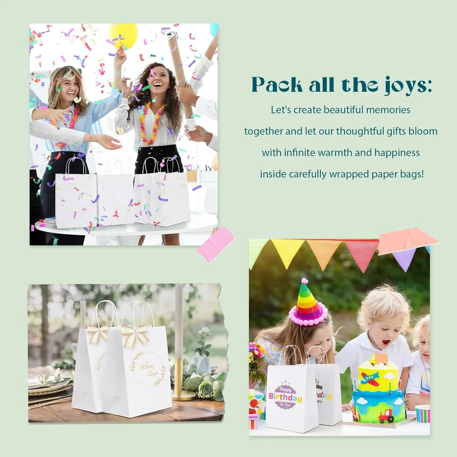 MESHA White Paper Gift Bags 50Pcs 8x4.25x10.5'' Medium Size Kraft Shopping Bags Bulk with Handles Reusable for Small Business,Grocery,Birthday, Wedding,Kids Party,Favors