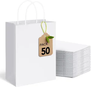 MESHA White Paper Gift Bags 50Pcs 8x4.25x10.5'' Medium Size Kraft Shopping Bags Bulk with Handles Reusable for Small Business,Grocery,Birthday, Wedding,Kids Party,Favors