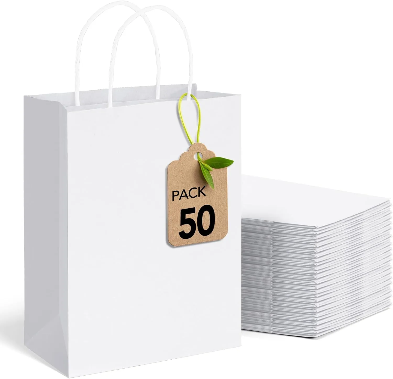 MESHA White Paper Gift Bags 50Pcs 8x4.25x10.5'' Medium Size Kraft Shopping Bags Bulk with Handles Reusable for Small Business,Grocery,Birthday, Wedding,Kids Party,Favors